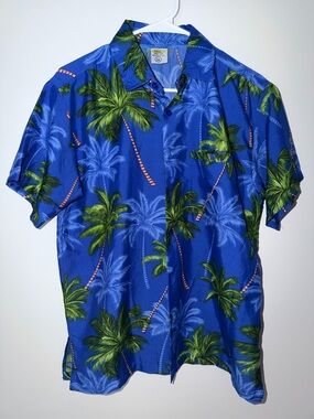 RIMA Unisex Button Up Hawaiian Palm Tree Print Blue Tervoile Shirt